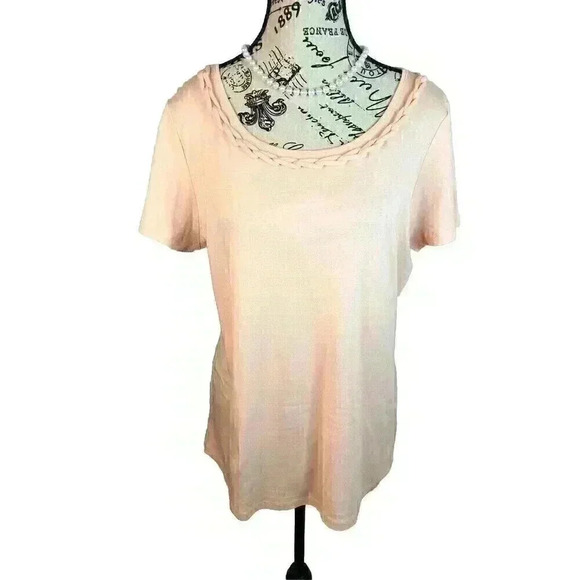 Talbots Large Pima Cotton Peach Blouse Braided Front S/S - Picture 1 of 4